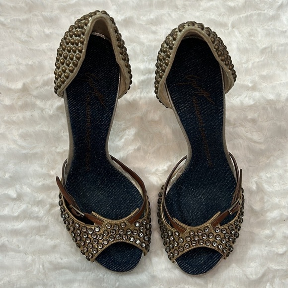 Giuseppe Zanotti Rhinestone Studded Bronze And Brown w Denim Insole Sandals 6.5 - Picture 5 of 12